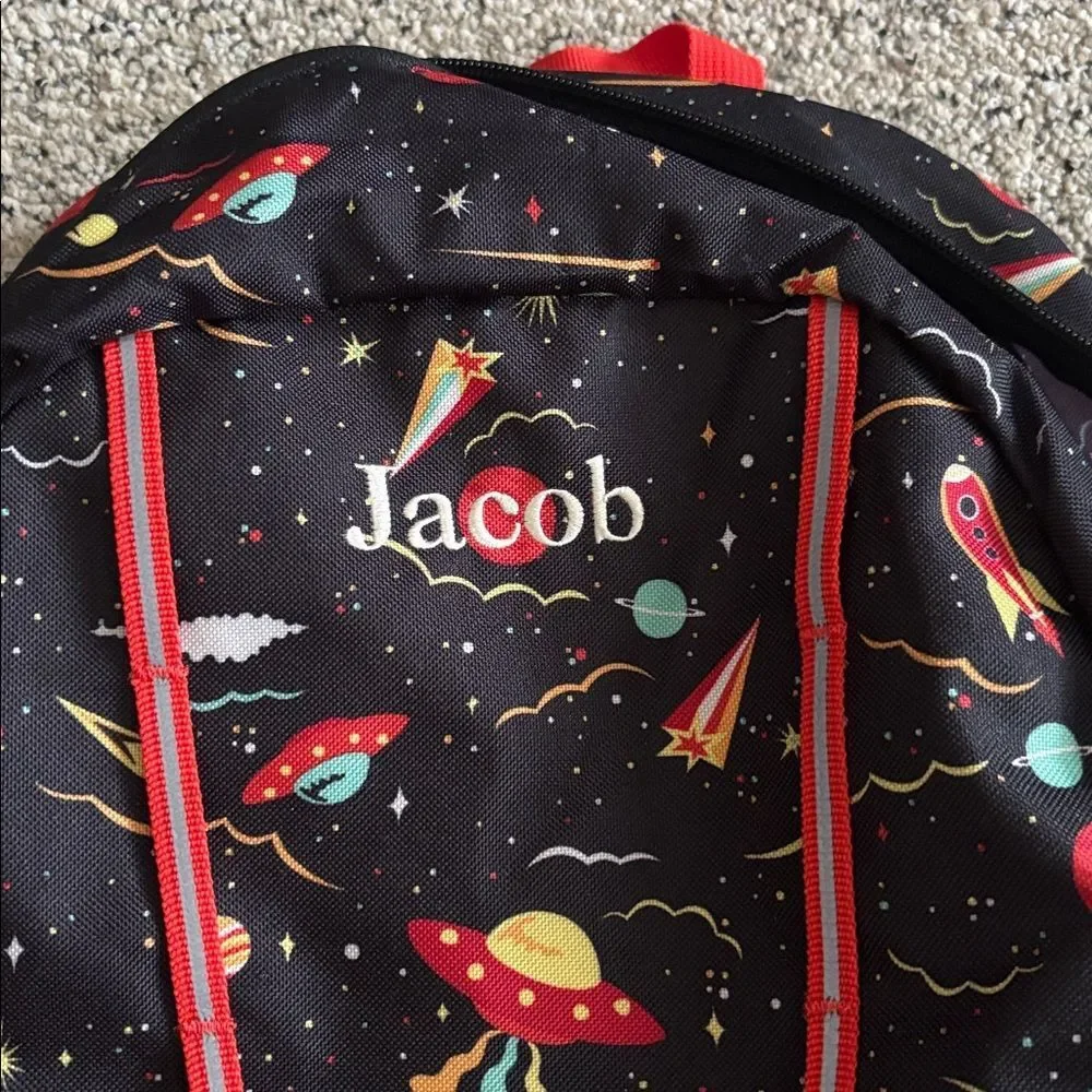 New! Lands' End Black Backpack Multicolor Space Design “Jacob” Monogram